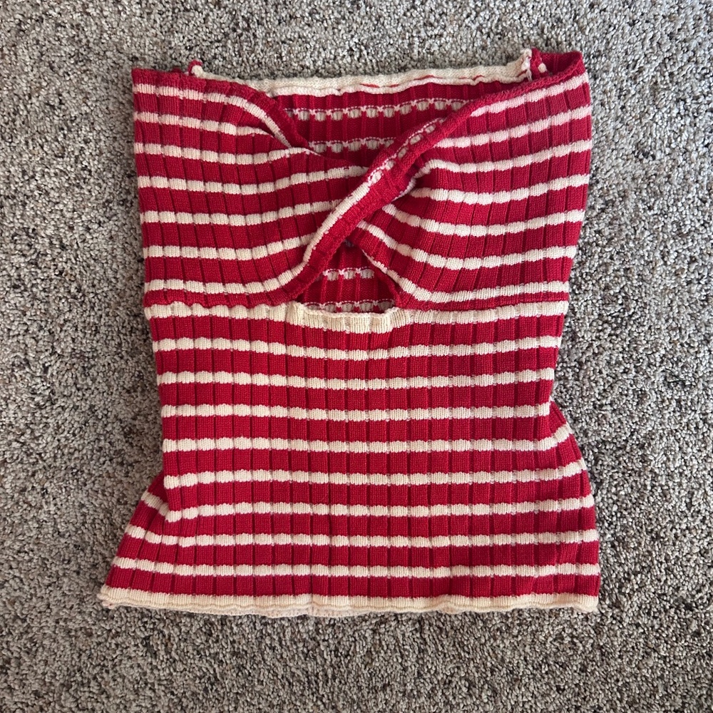 Red & White Striped Knit Tube Top